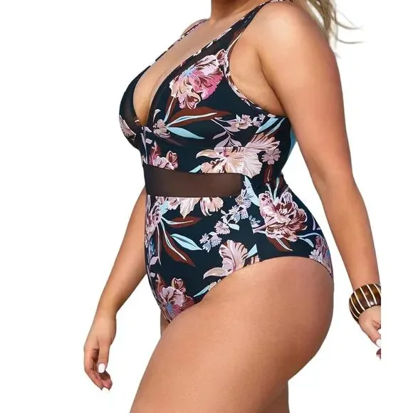 NWT Cupshe Womens Plus Size V Neck Mesh Sheer One Piece Swimsuit Black Size 2X - Picture 3 of 7
